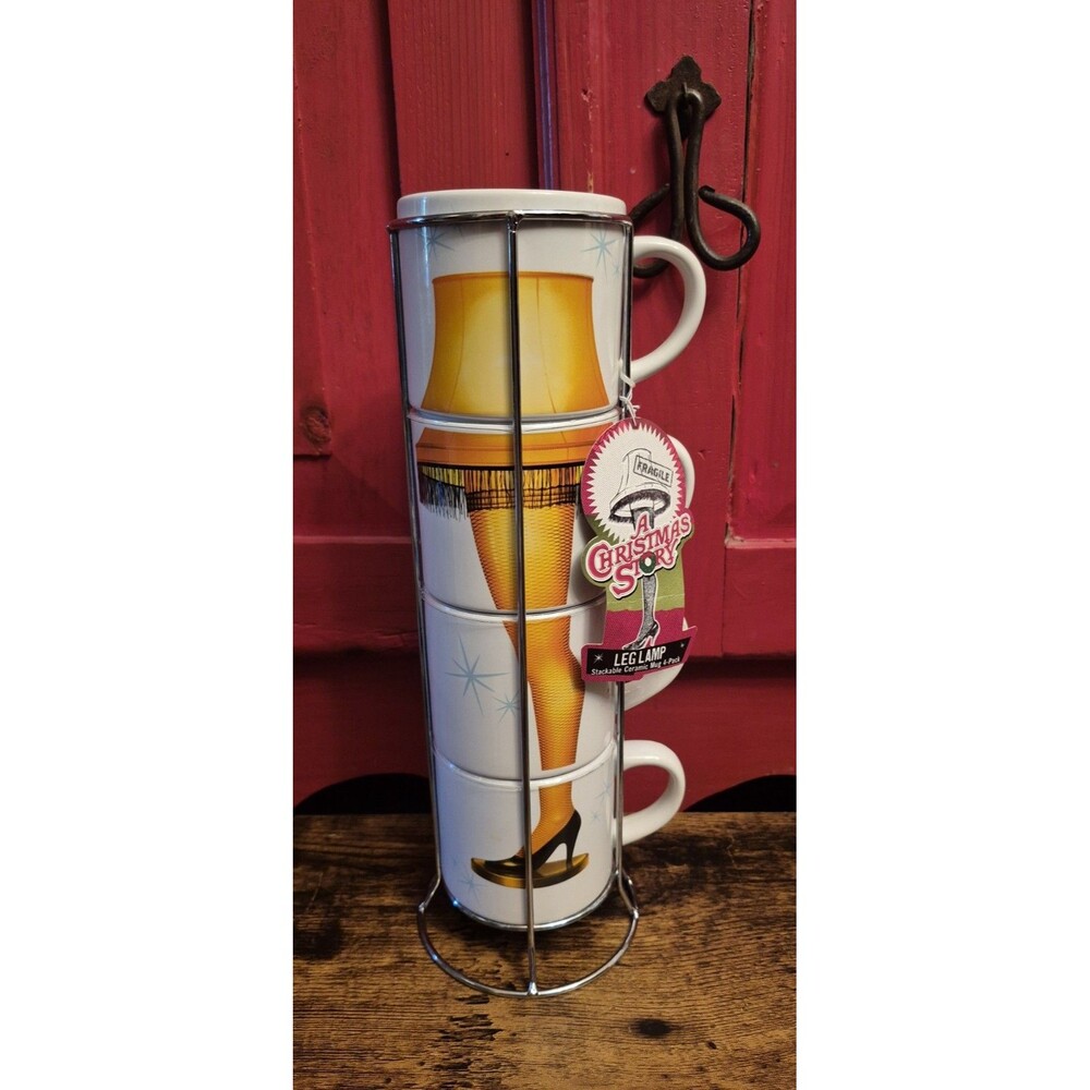 New A Christmas Story Sexy Leg Lamp Set of 4 Stacking Coffee Bar Mugs & Holder